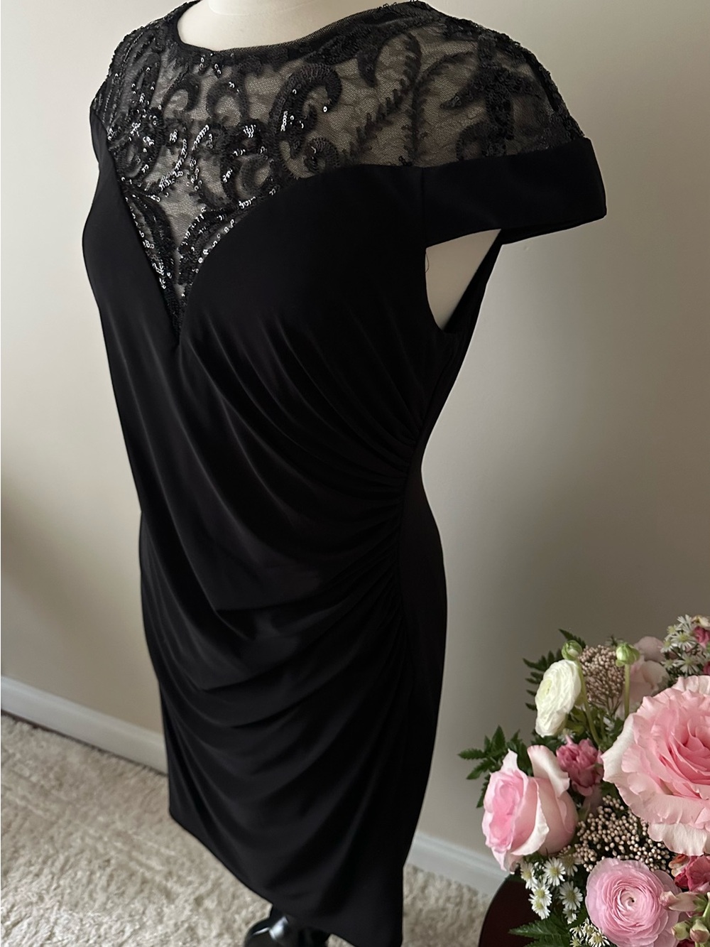 Adrianna Papell Black Lace Yoke Ruched Midi Dress